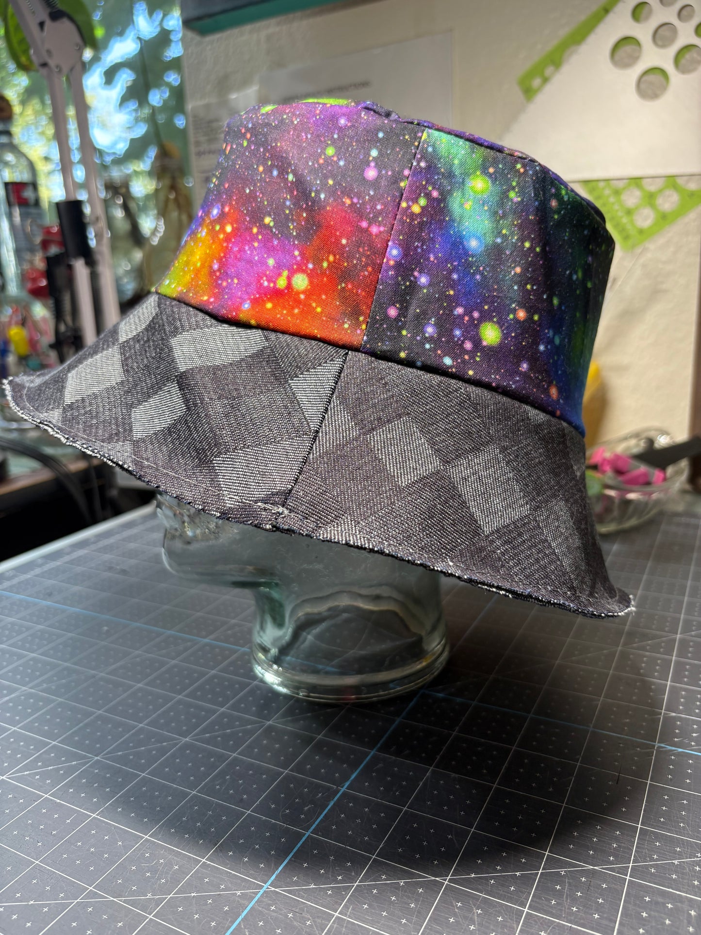 Denim checkered reversible bucket hat