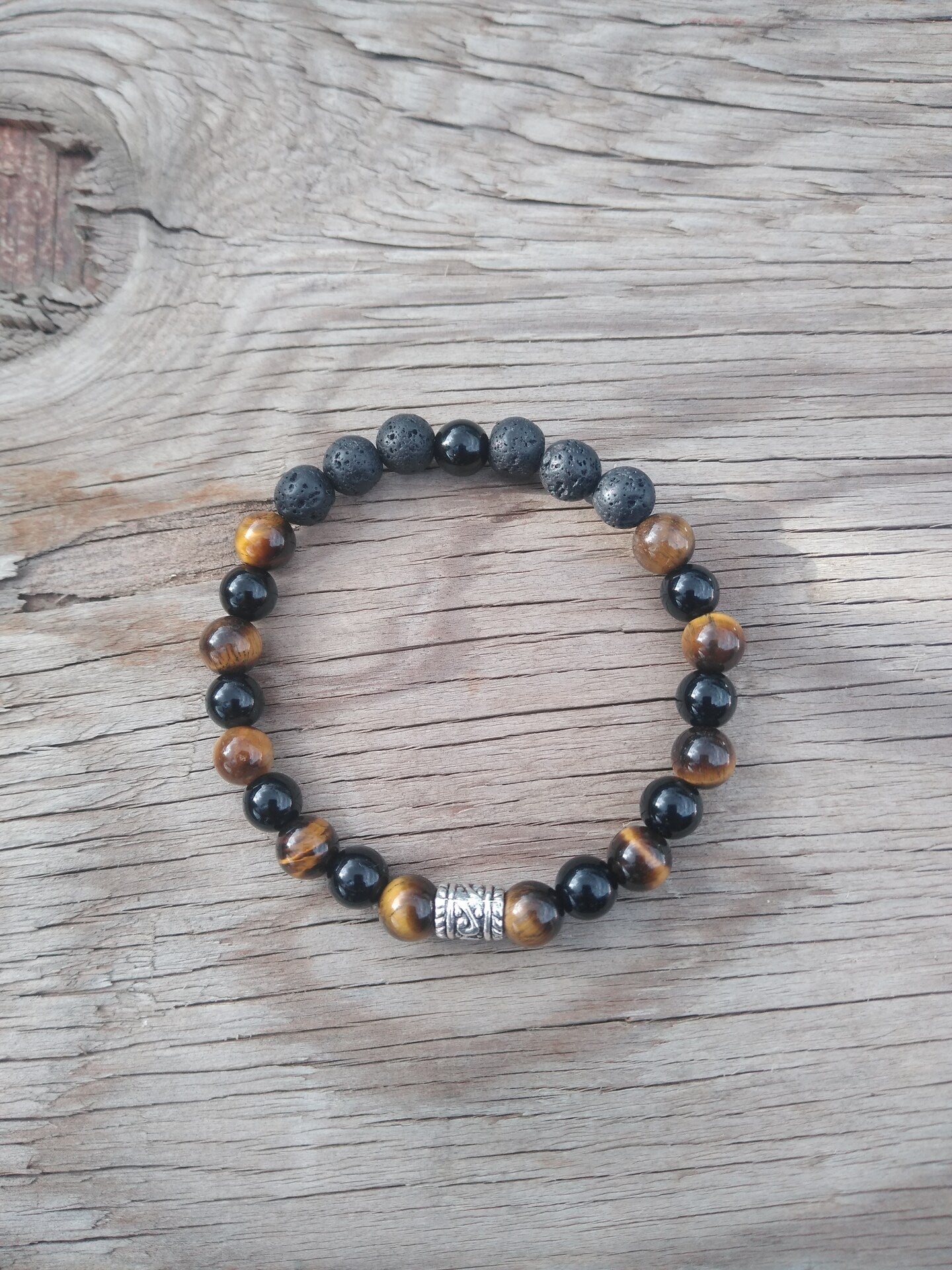 8 Inch 8MM Tiger Eye Onyx and Lava Rock Beaded Stretch Bracelet with Spacer Mens Style 1
