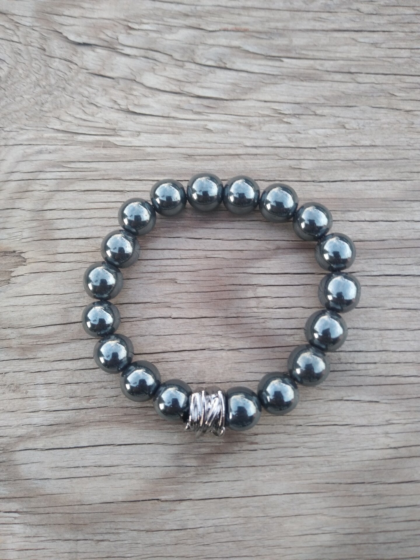 8 Inch 10MM Handmade Hematite Beaded Stretch Bracelet with Spacer Mens