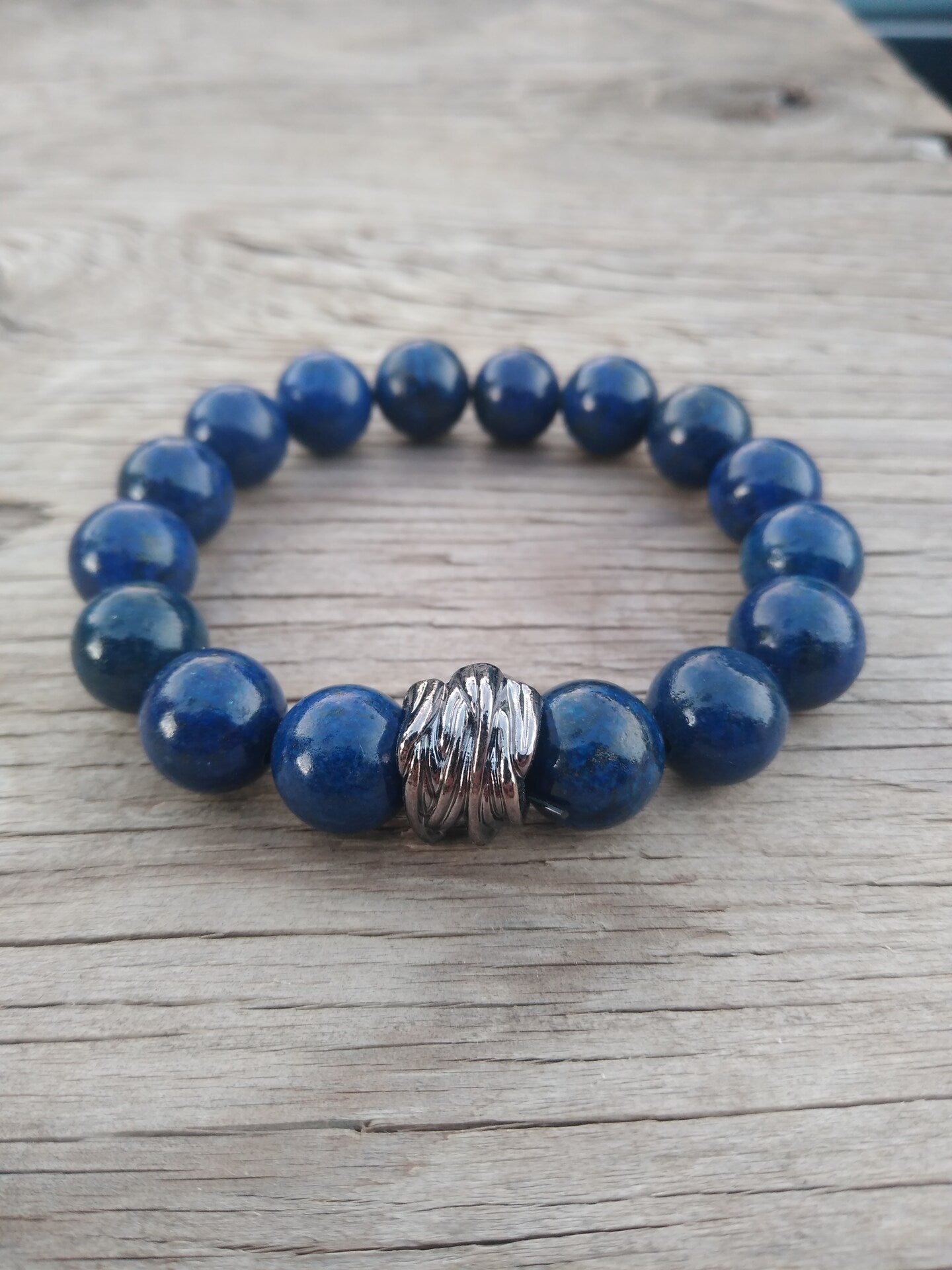 8 Inch 12MM Lapis Lazuli Beaded with Spacer Stretch Bracelet Mens