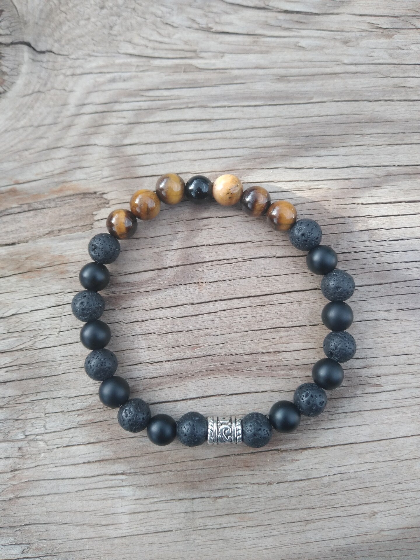 8 Inch 8MM Tiger Eye Onyx and Lava Rock Beaded Stretch Bracelet with Spacer Mens Style 2