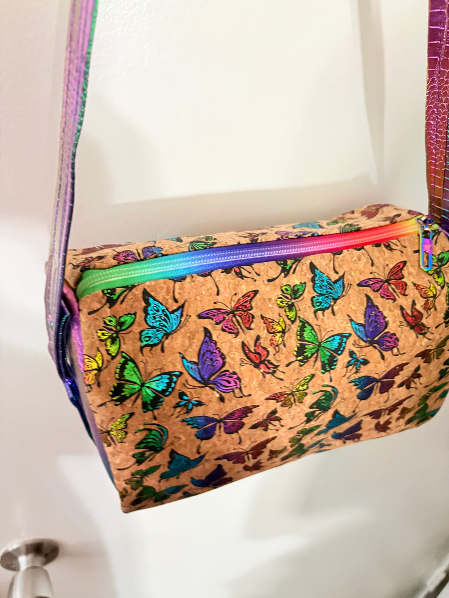Butterfly cork metallic mini duffle shoulder bag