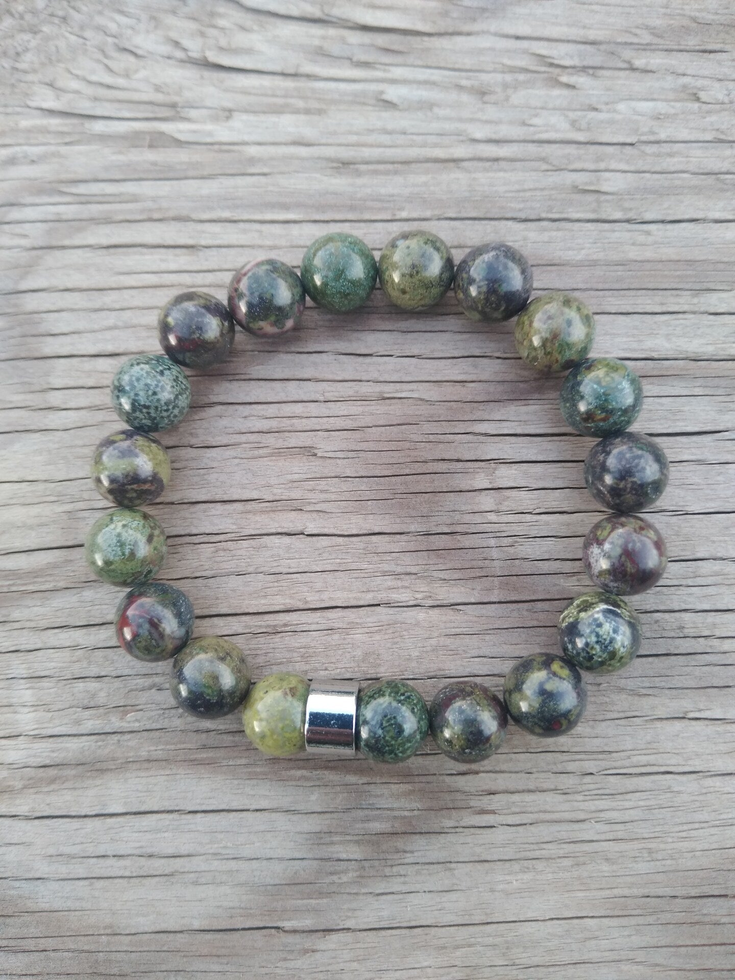 8 Inch 10MM Handmade Green Jasper Beaded Stretch Bracelet with Spacer Mens
