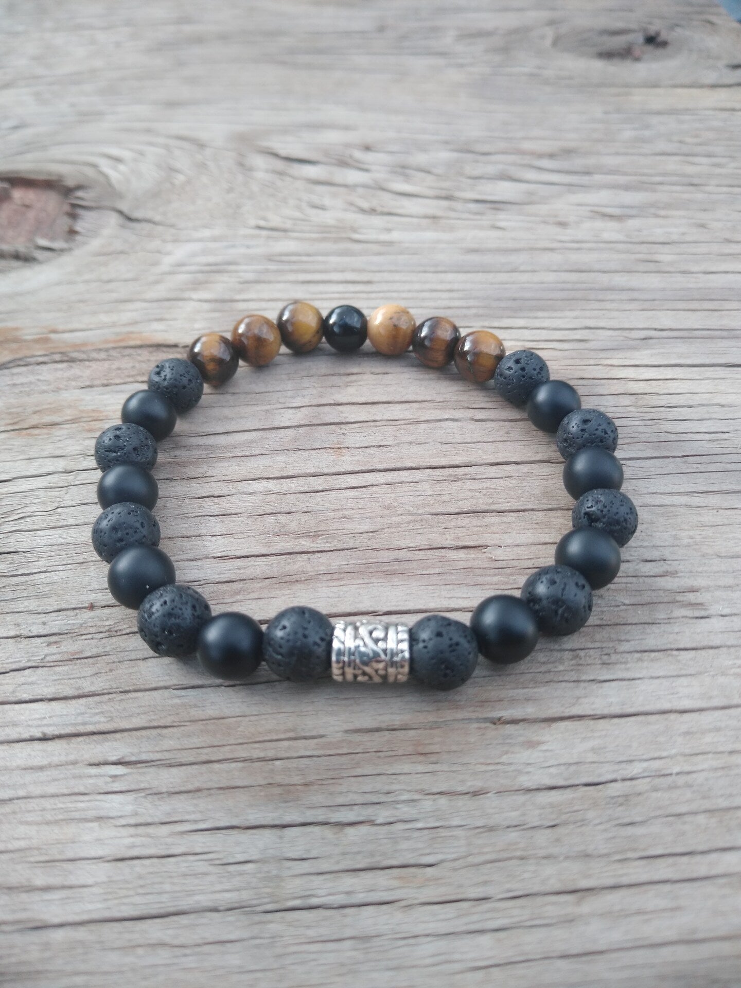 8 Inch 8MM Tiger Eye Onyx and Lava Rock Beaded Stretch Bracelet with Spacer Mens Style 2