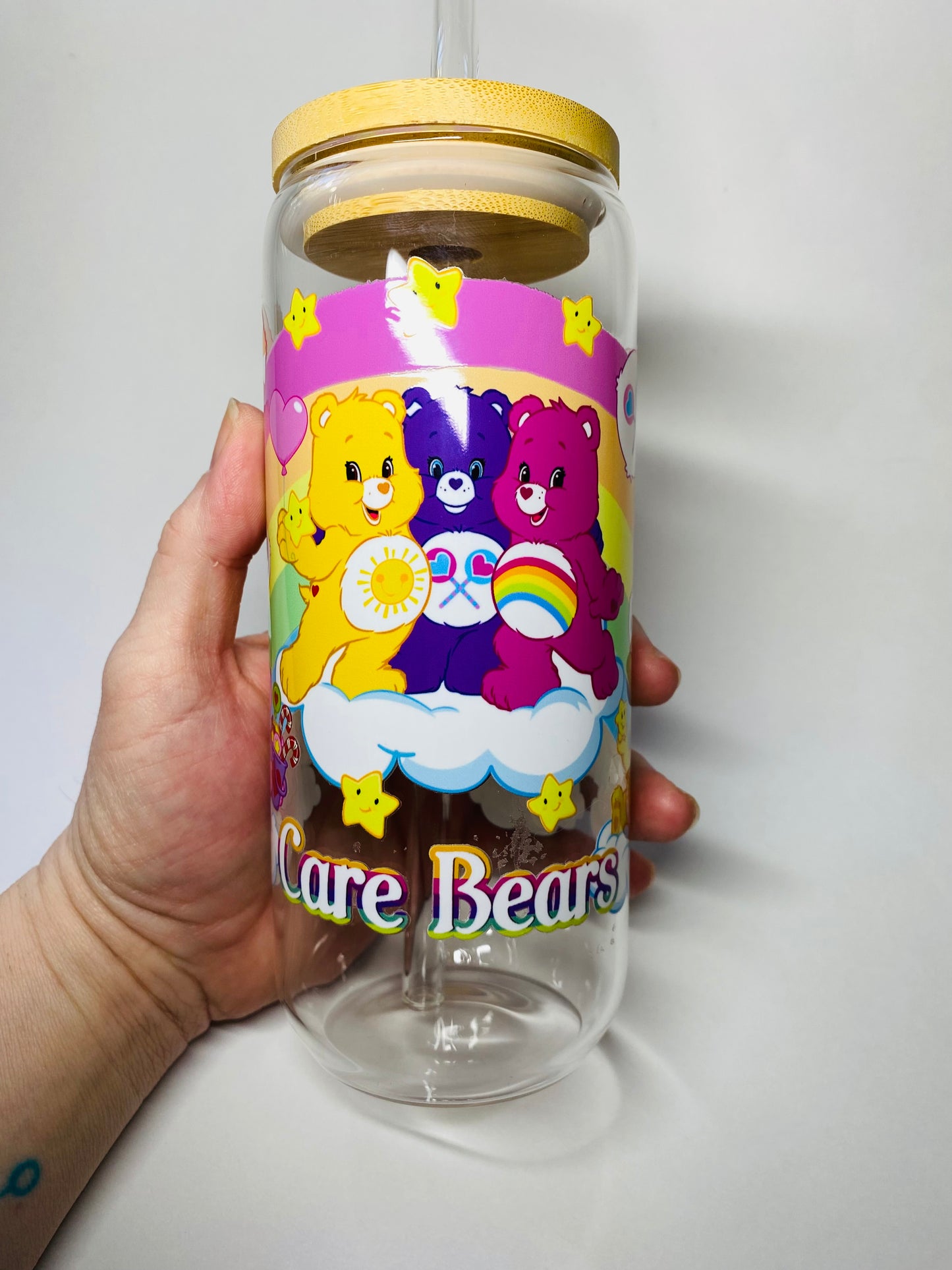 Carebear glass can with lid and straw 20oz