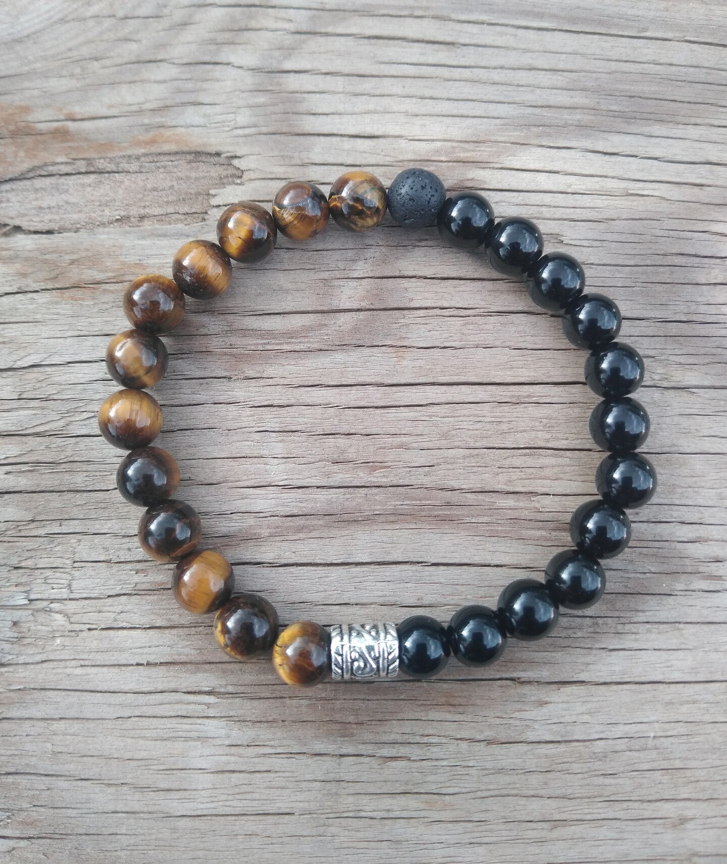 8 Inch 8MM Half Tiger Eye Onyx and Lava Rock Beaded Stretch Bracelet with Spacer Mens