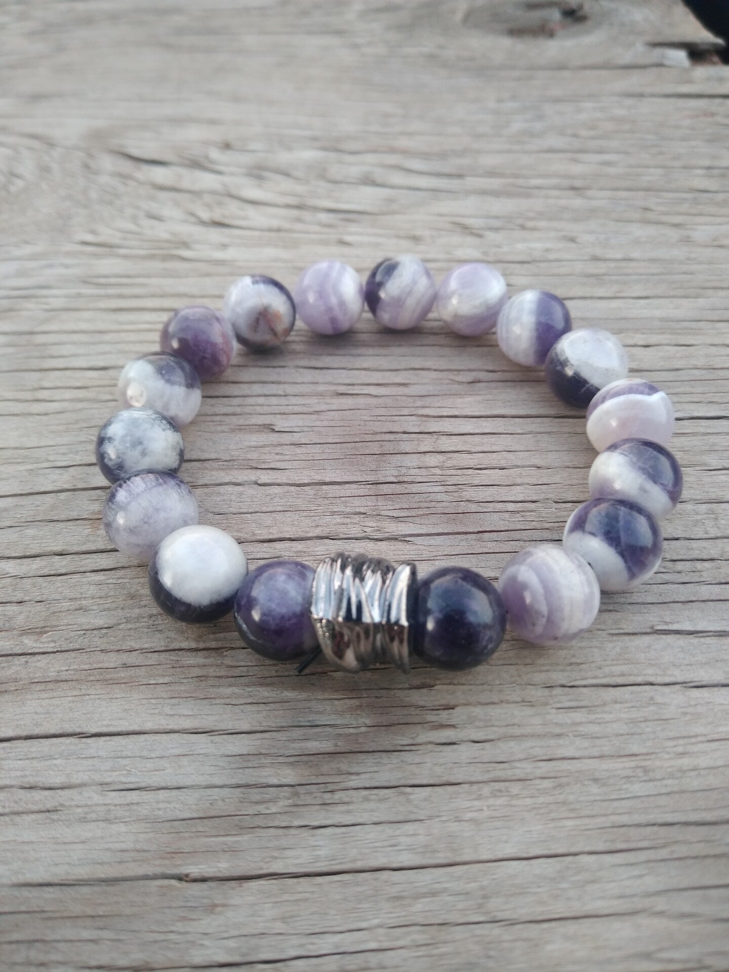 8 Inch 12MM Purple Amethyst Dog Tooth Style Beaded Stretch Bracelet with Spacer Mens