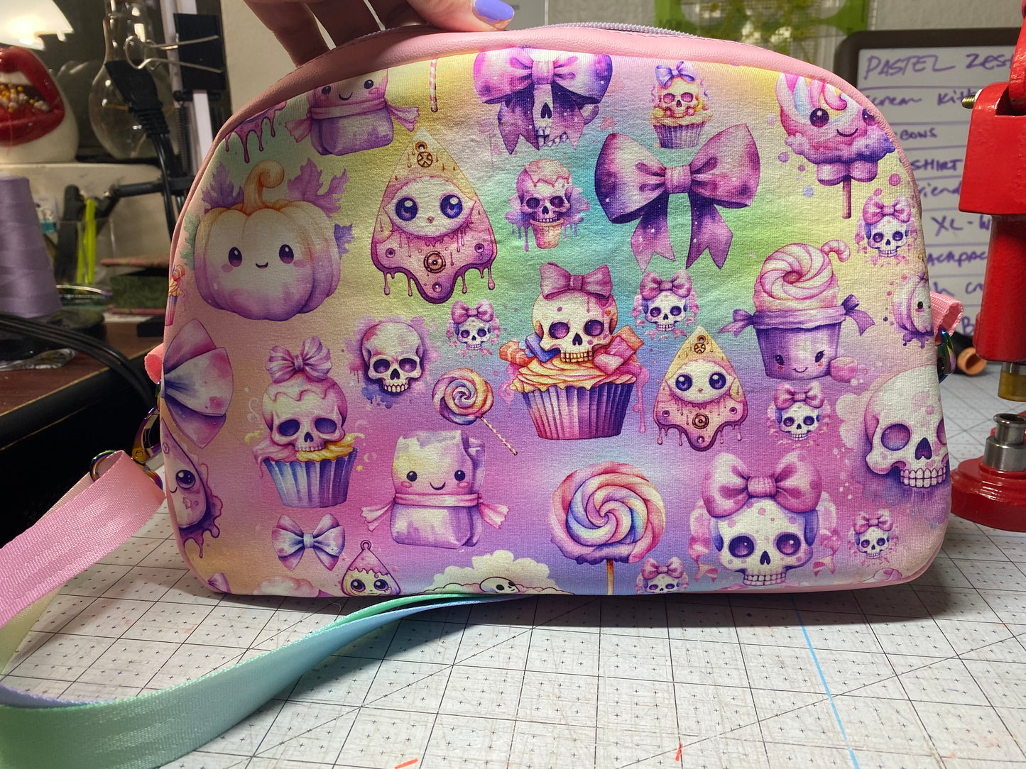 Cupcakes and skulls crossbody bowler