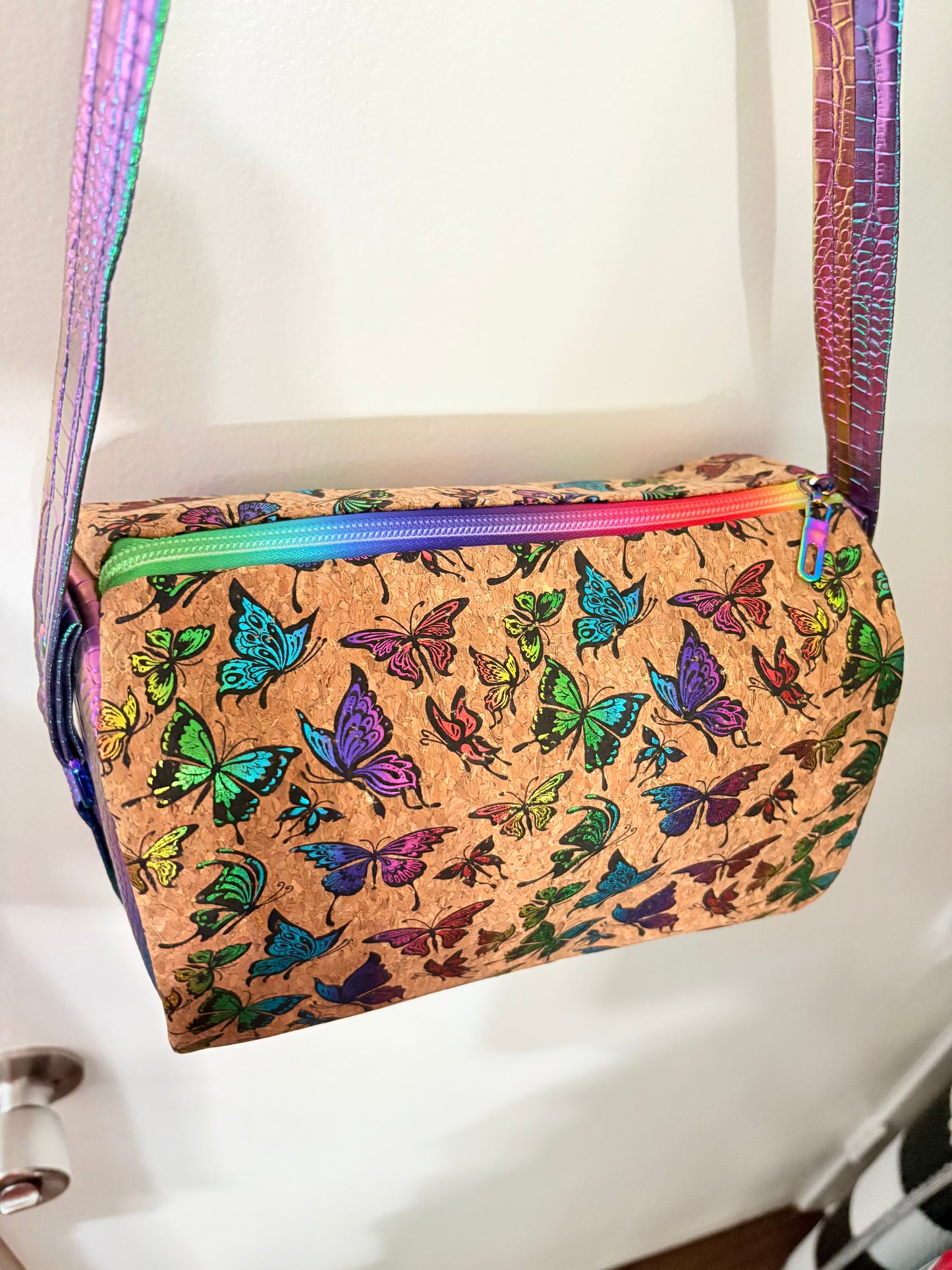 Butterfly cork metallic mini duffle shoulder bag