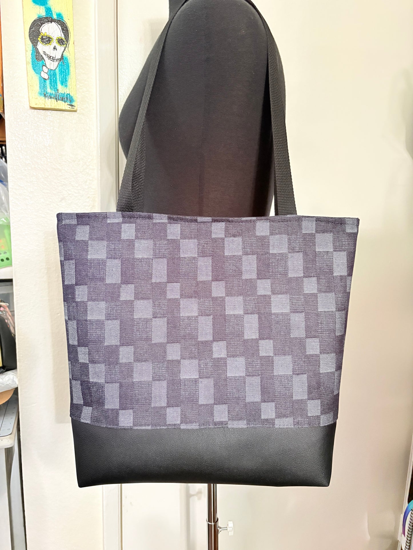 Denim checkered tote bag