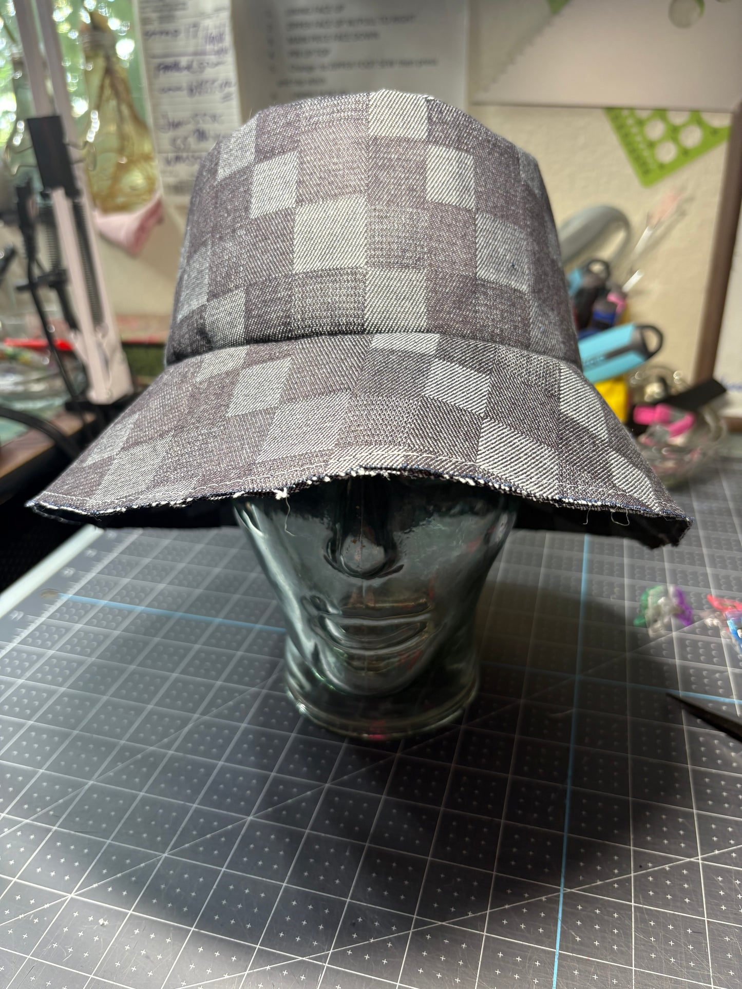 Denim checkered reversible bucket hat