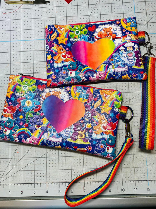 Bear heart wristlet pouch with rainbow heart appliqué