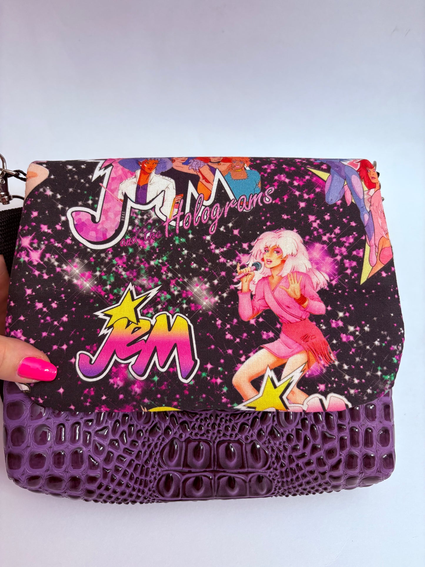 Jem and the hooograms purple 3D embossed croc crossbody flap bag