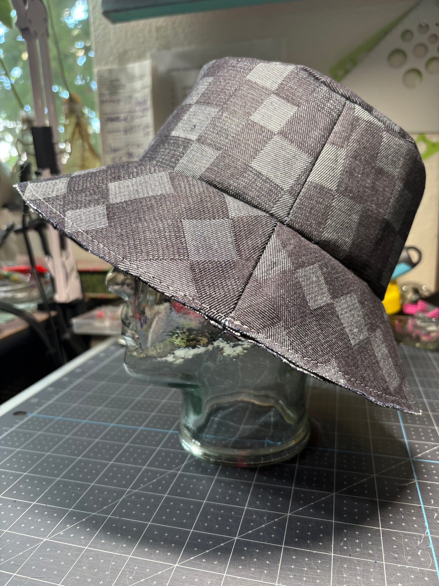 Denim checkered reversible bucket hat