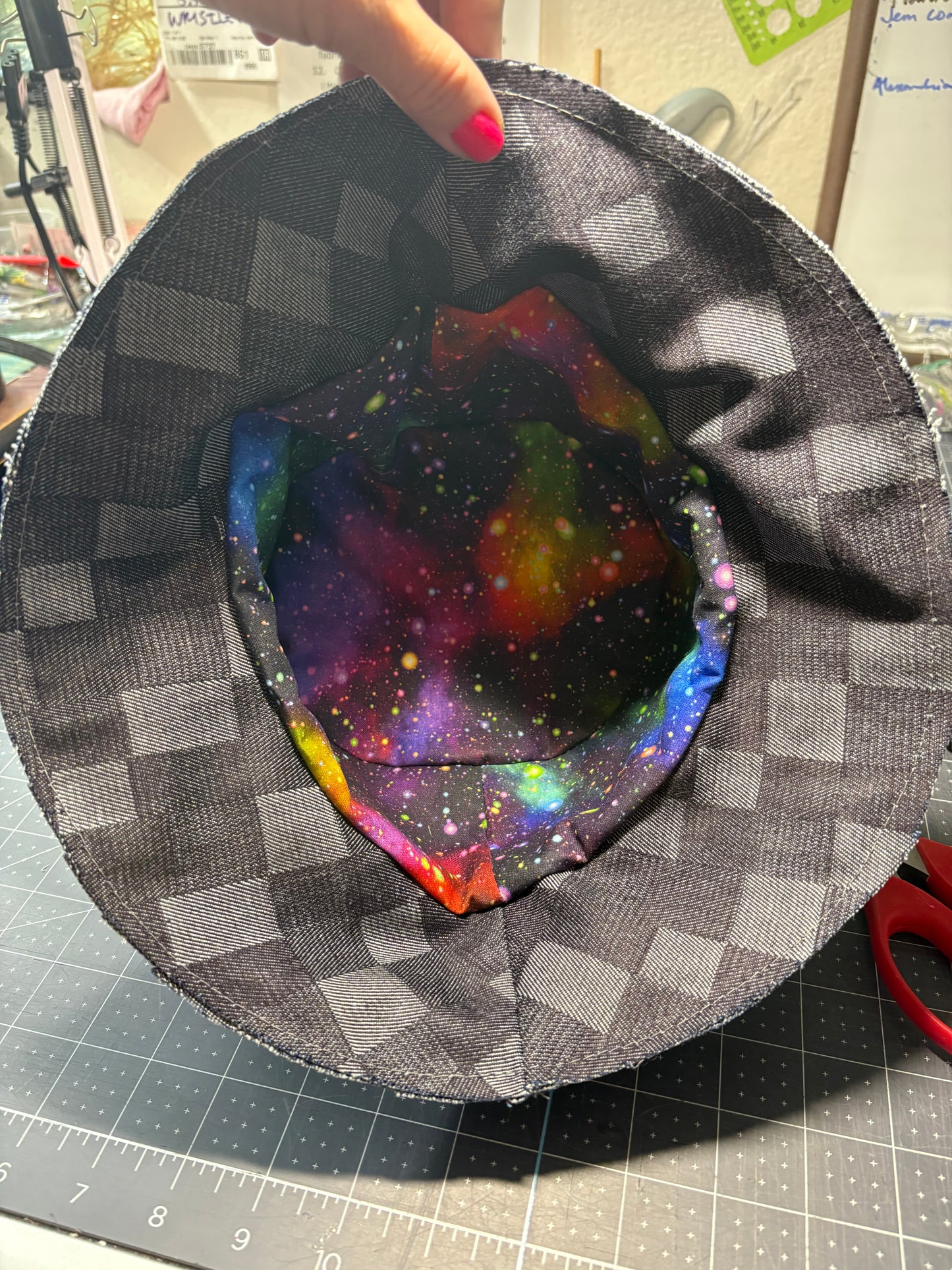 Denim checkered reversible bucket hat