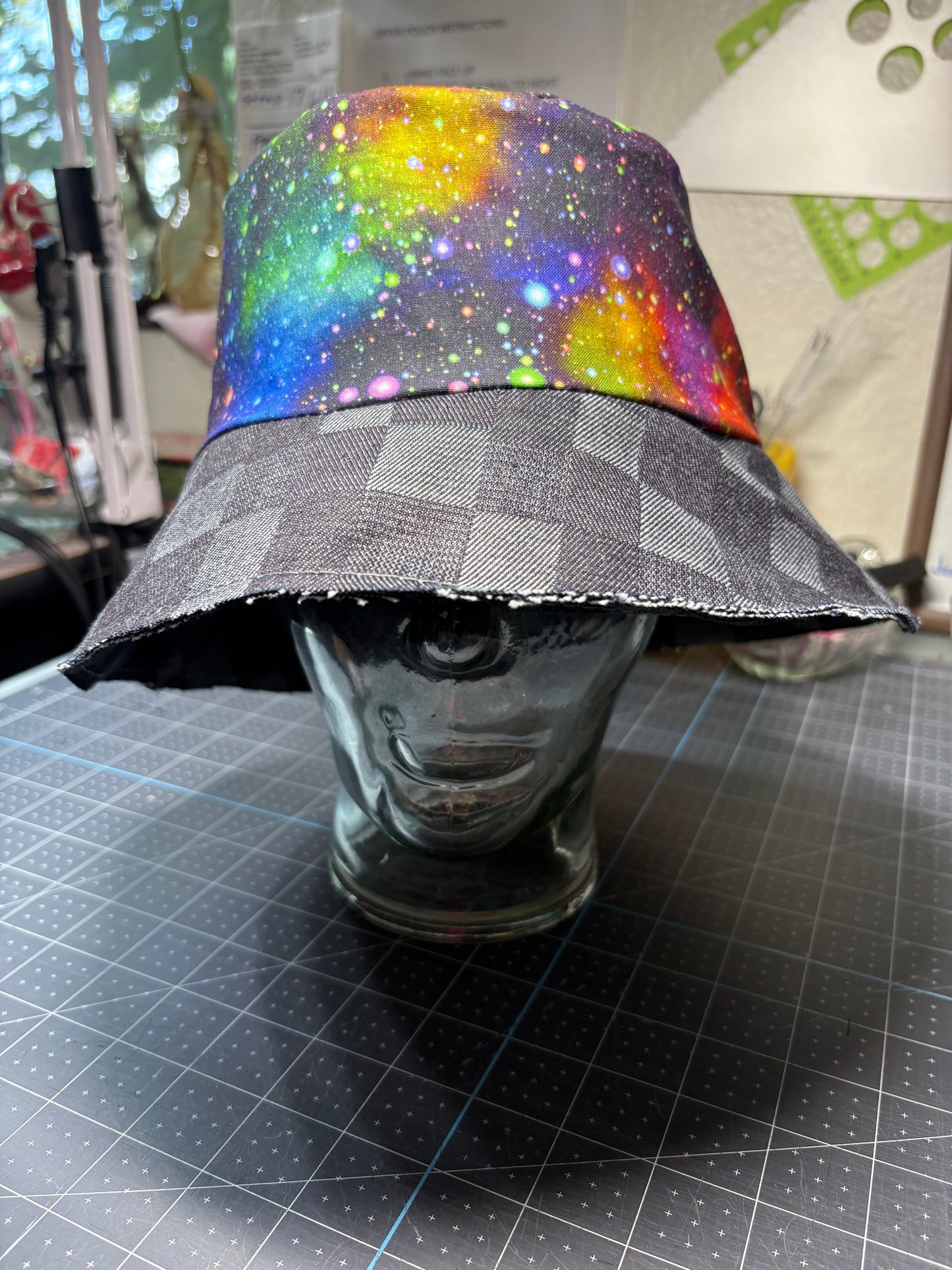 Denim checkered reversible bucket hat