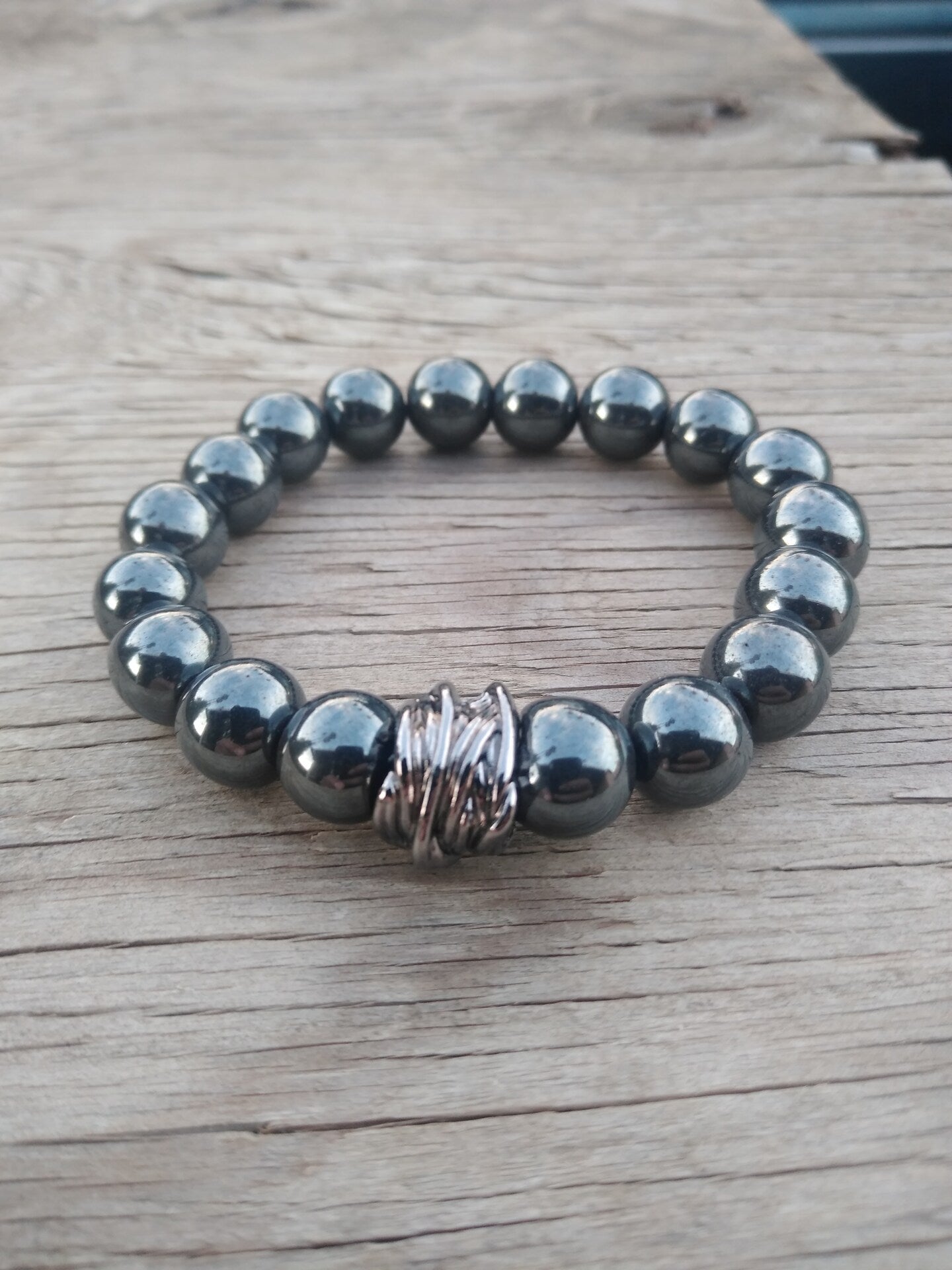 8 Inch 10MM Handmade Hematite Beaded Stretch Bracelet with Spacer Mens