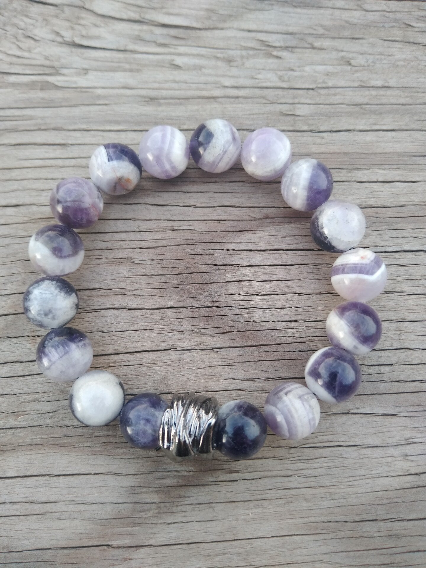 8 Inch 12MM Purple Amethyst Dog Tooth Style Beaded Stretch Bracelet with Spacer Mens