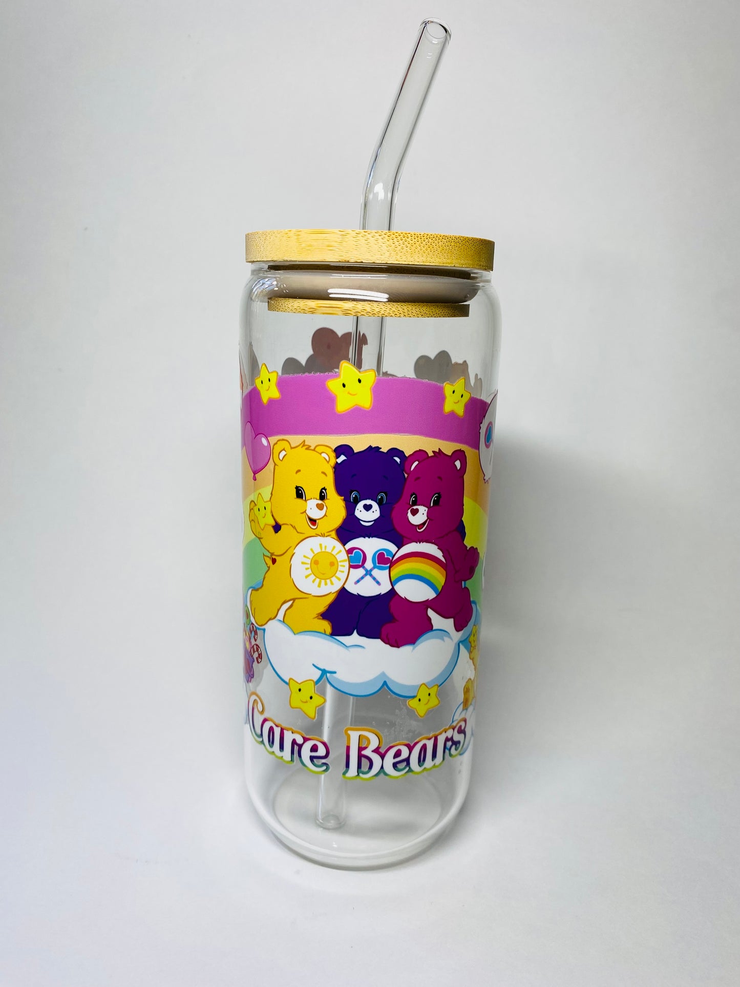 Carebear glass can with lid and straw 20oz