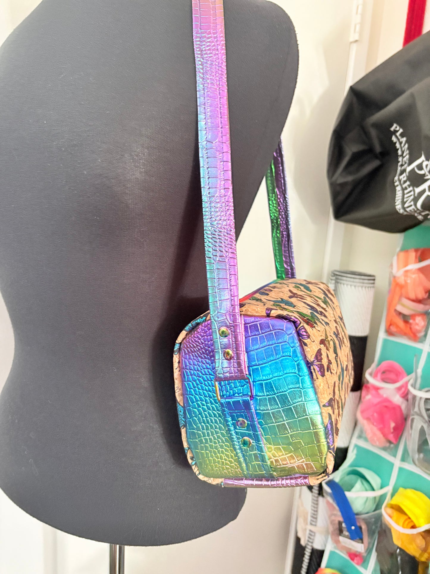 Butterfly cork metallic mini duffle shoulder bag