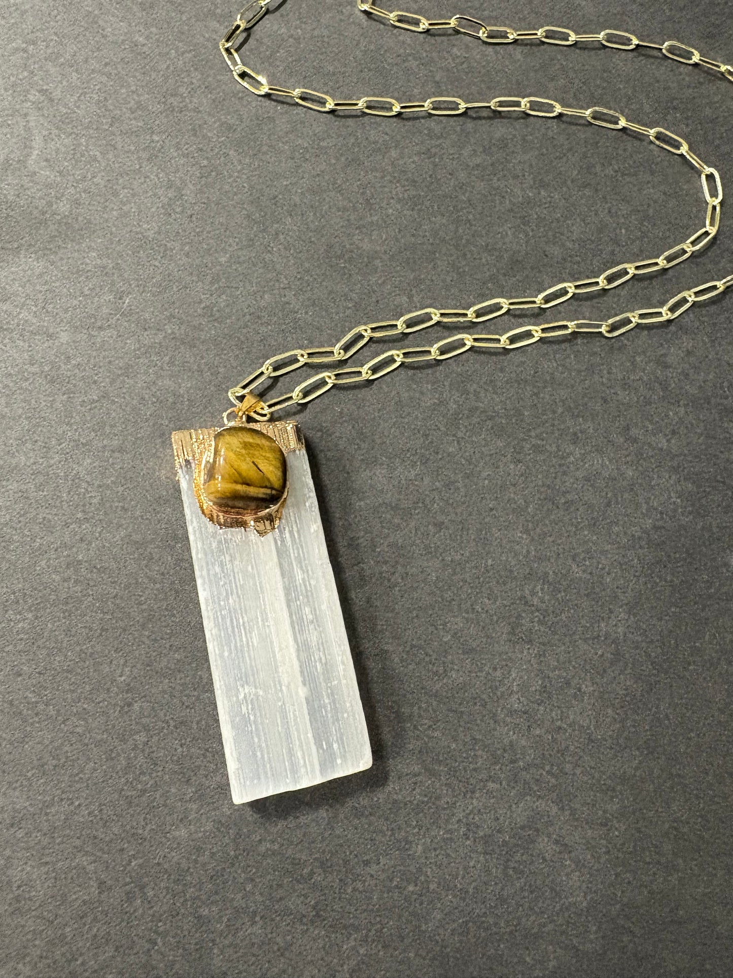Long 14k gold chain with selenite and togerseye pendant