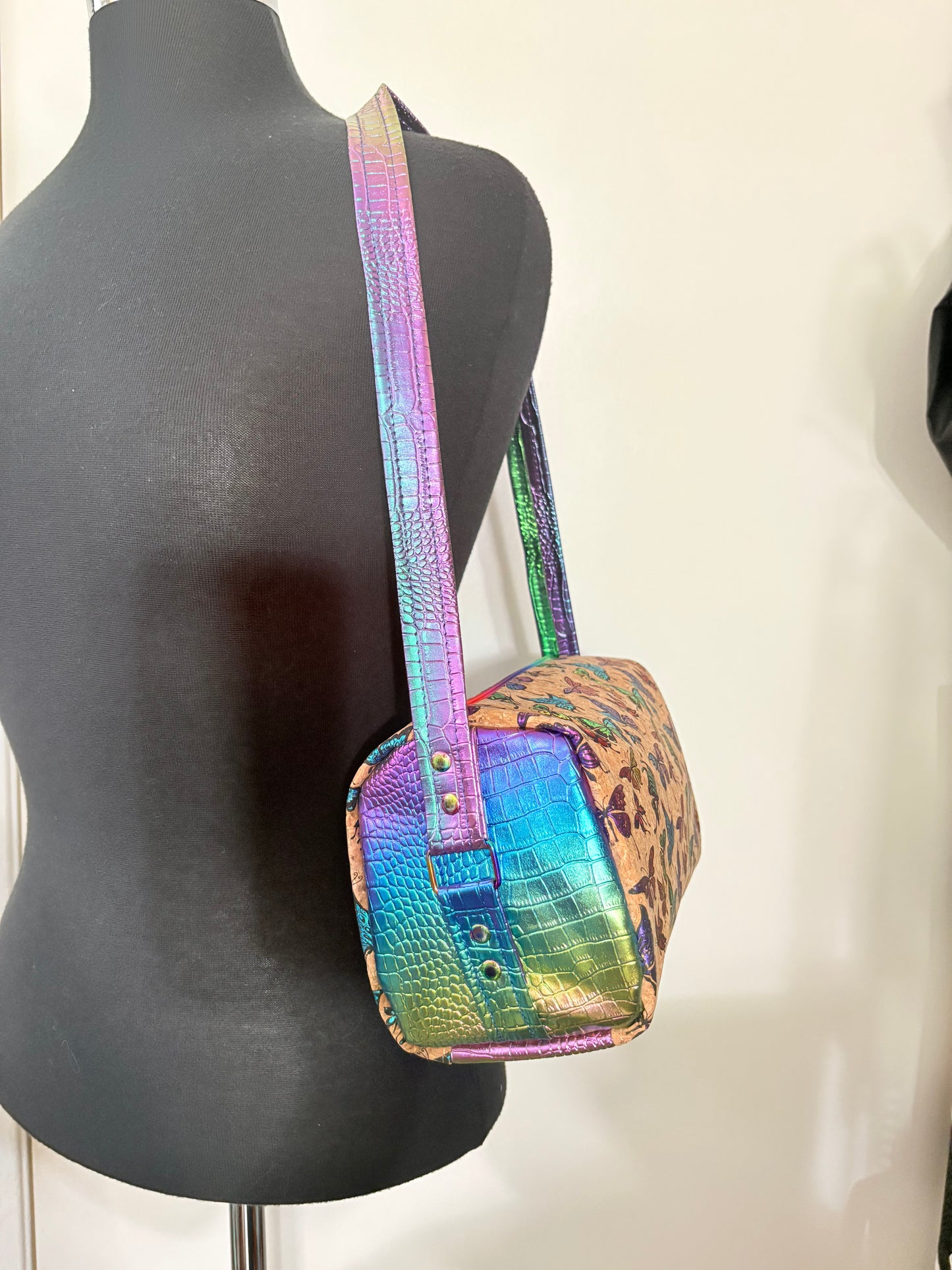 Butterfly cork metallic mini duffle shoulder bag