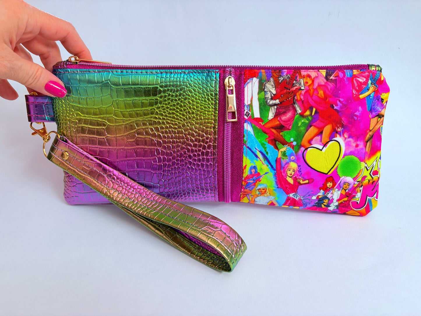 Jem and the holograms Metallic croc wristlet clutch with strap