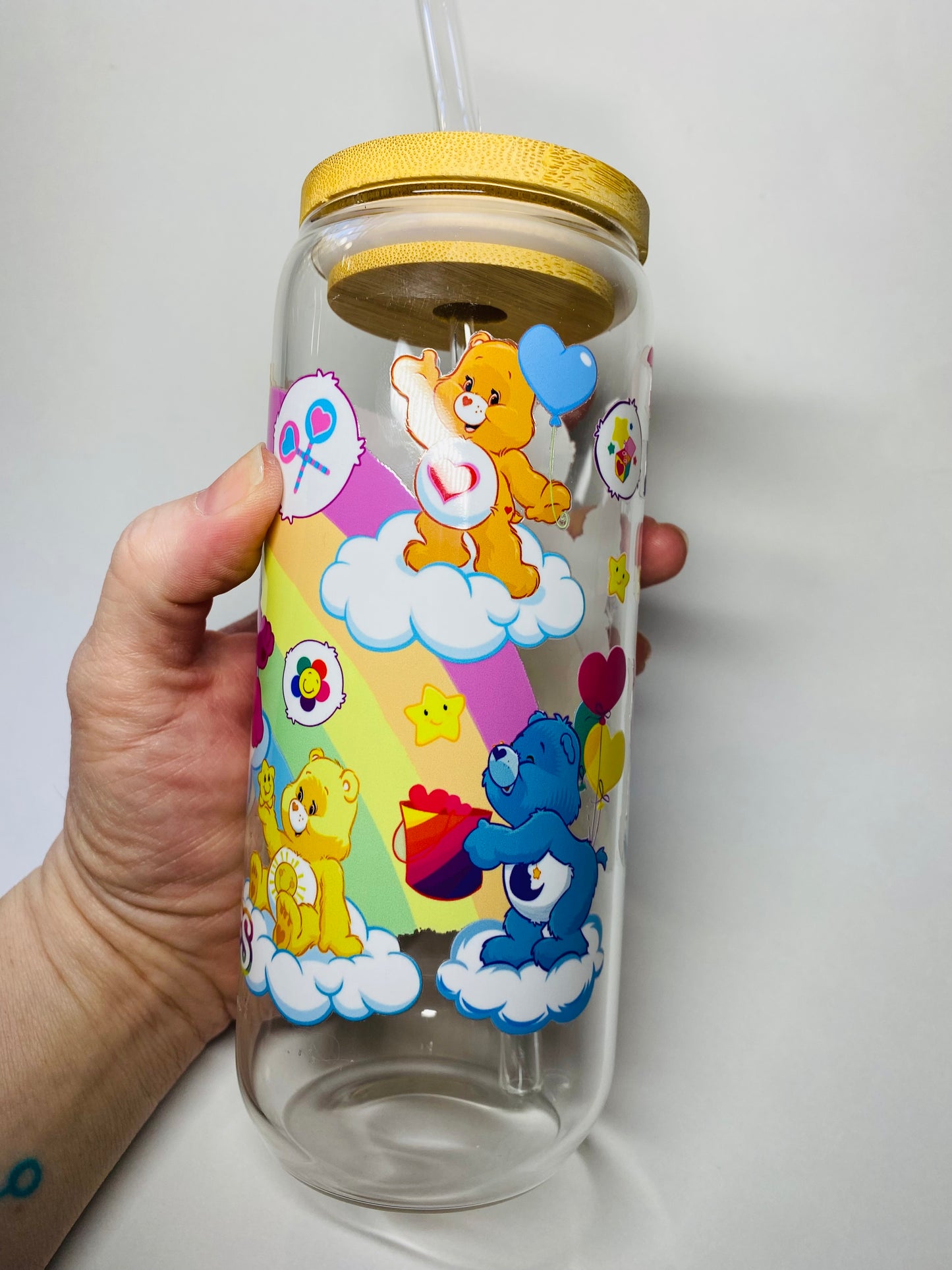 Carebear glass can with lid and straw 20oz