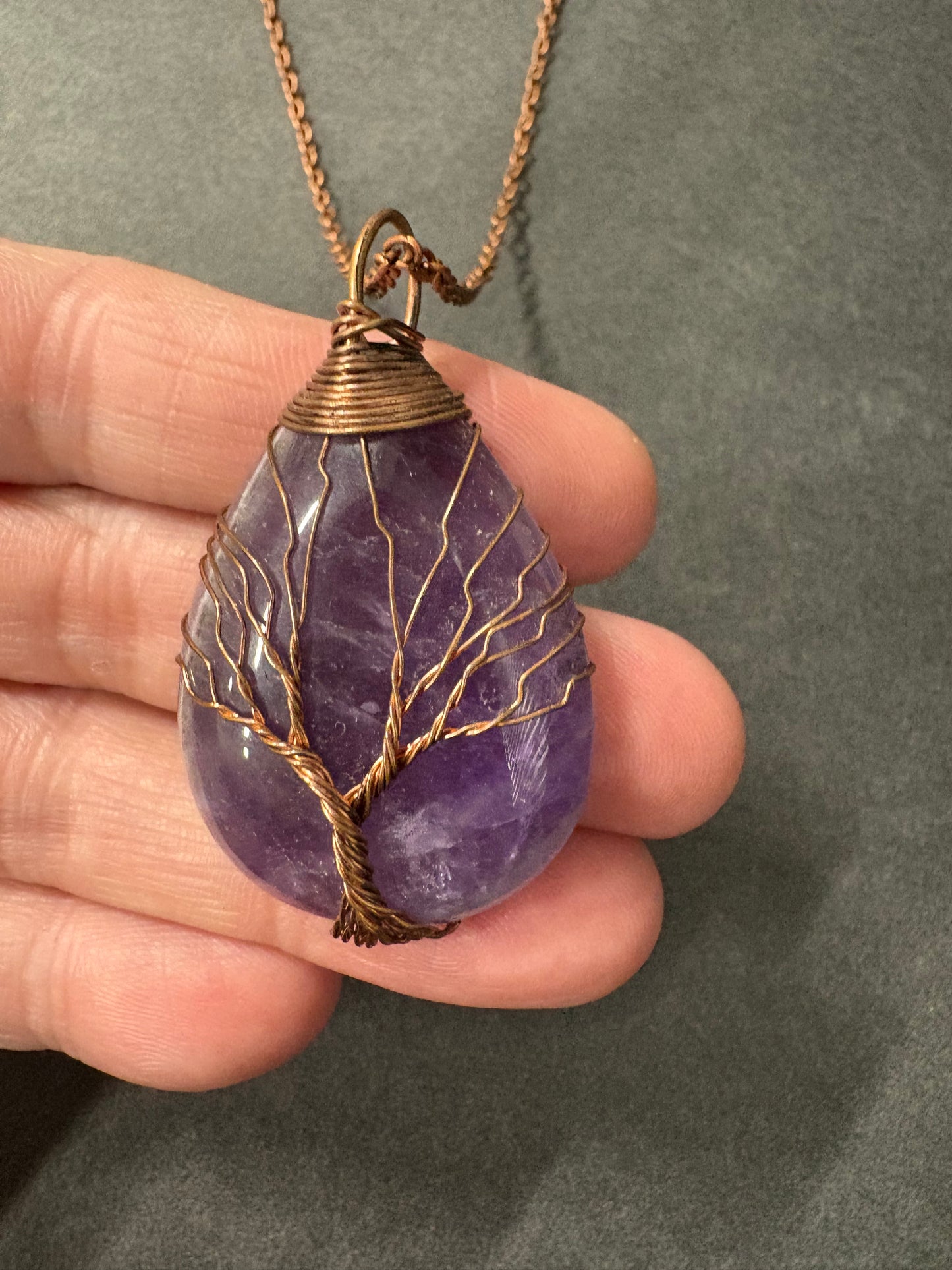 Amethyst tear drop wire wrapped pendant necklace
