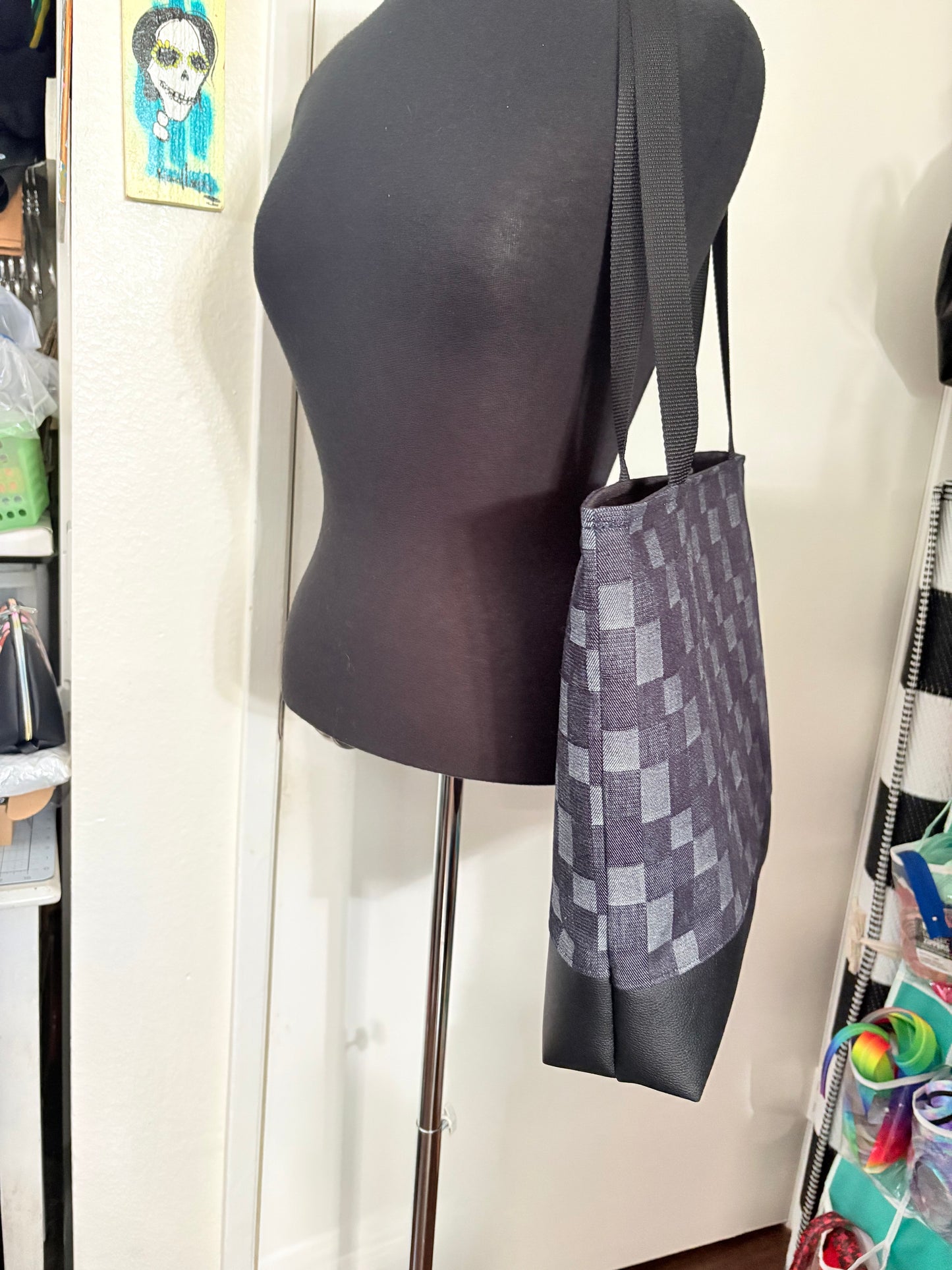 Denim checkered tote bag