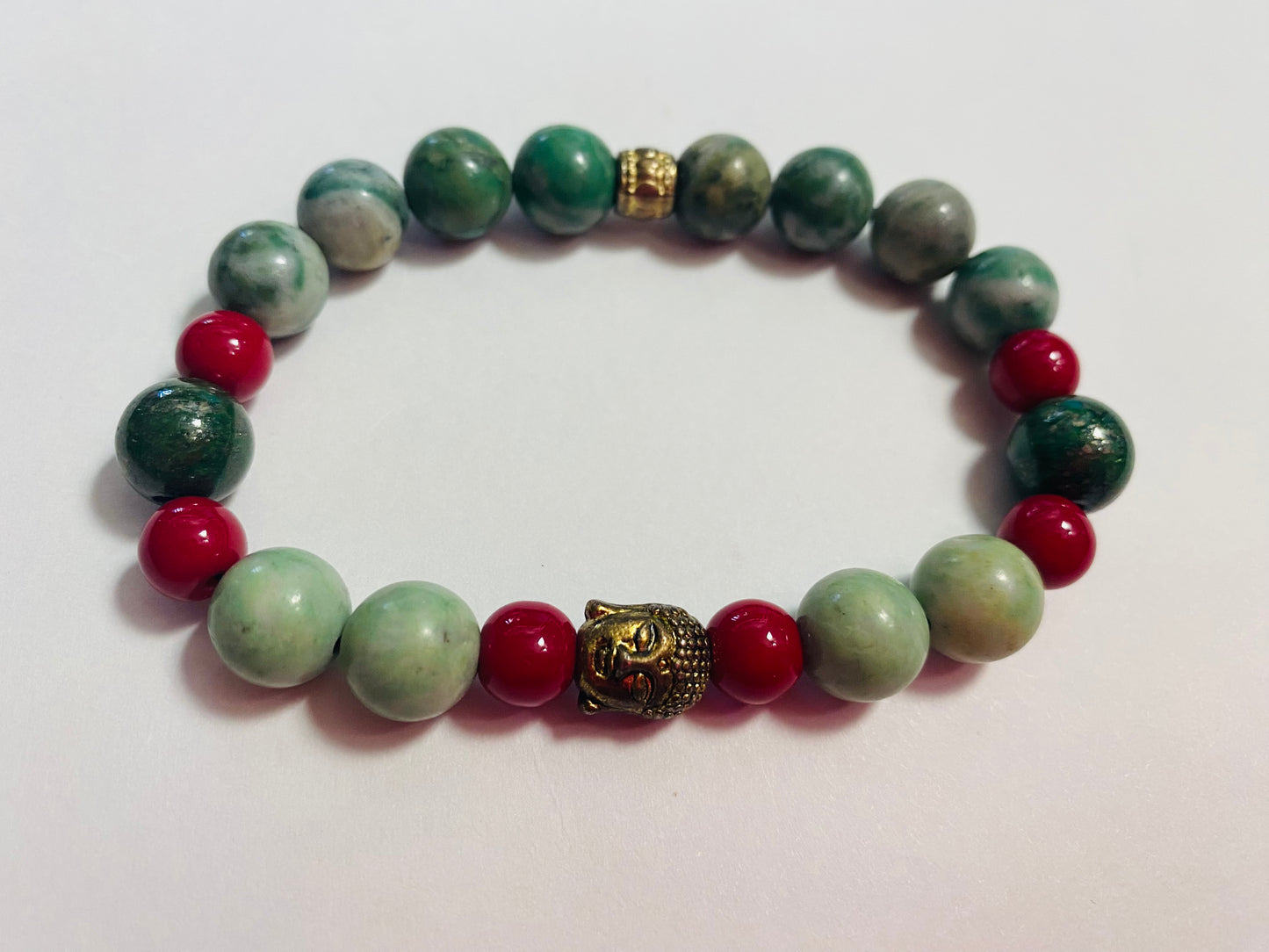 Chrysoprase bracelet with coral and Buddha charm