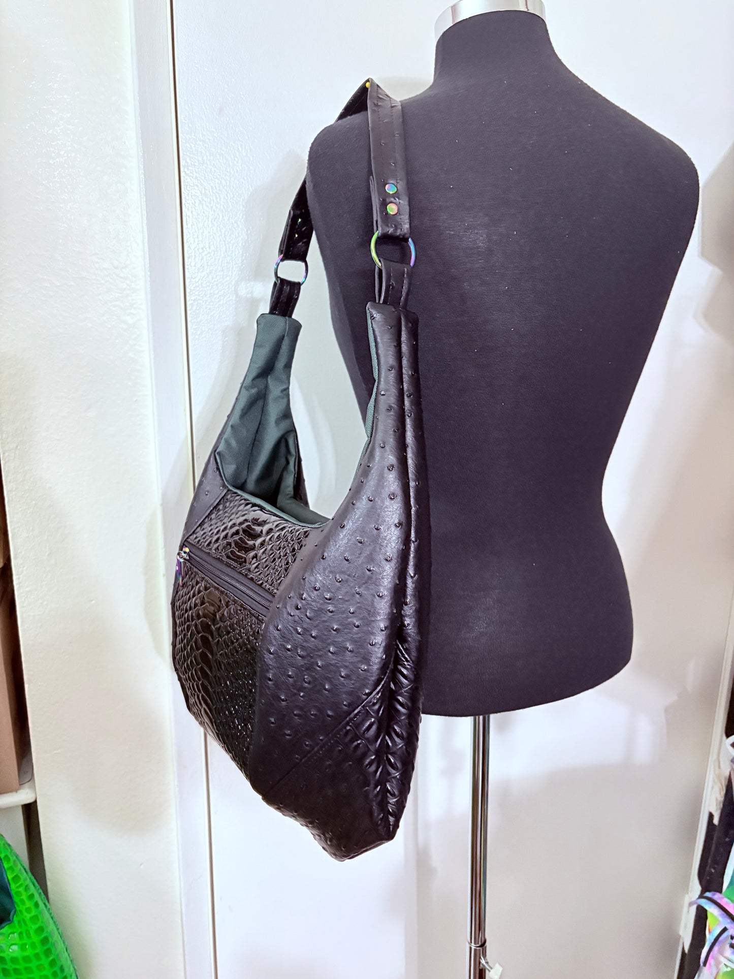 BLACK Ostrich python faux leather boho slouch tote