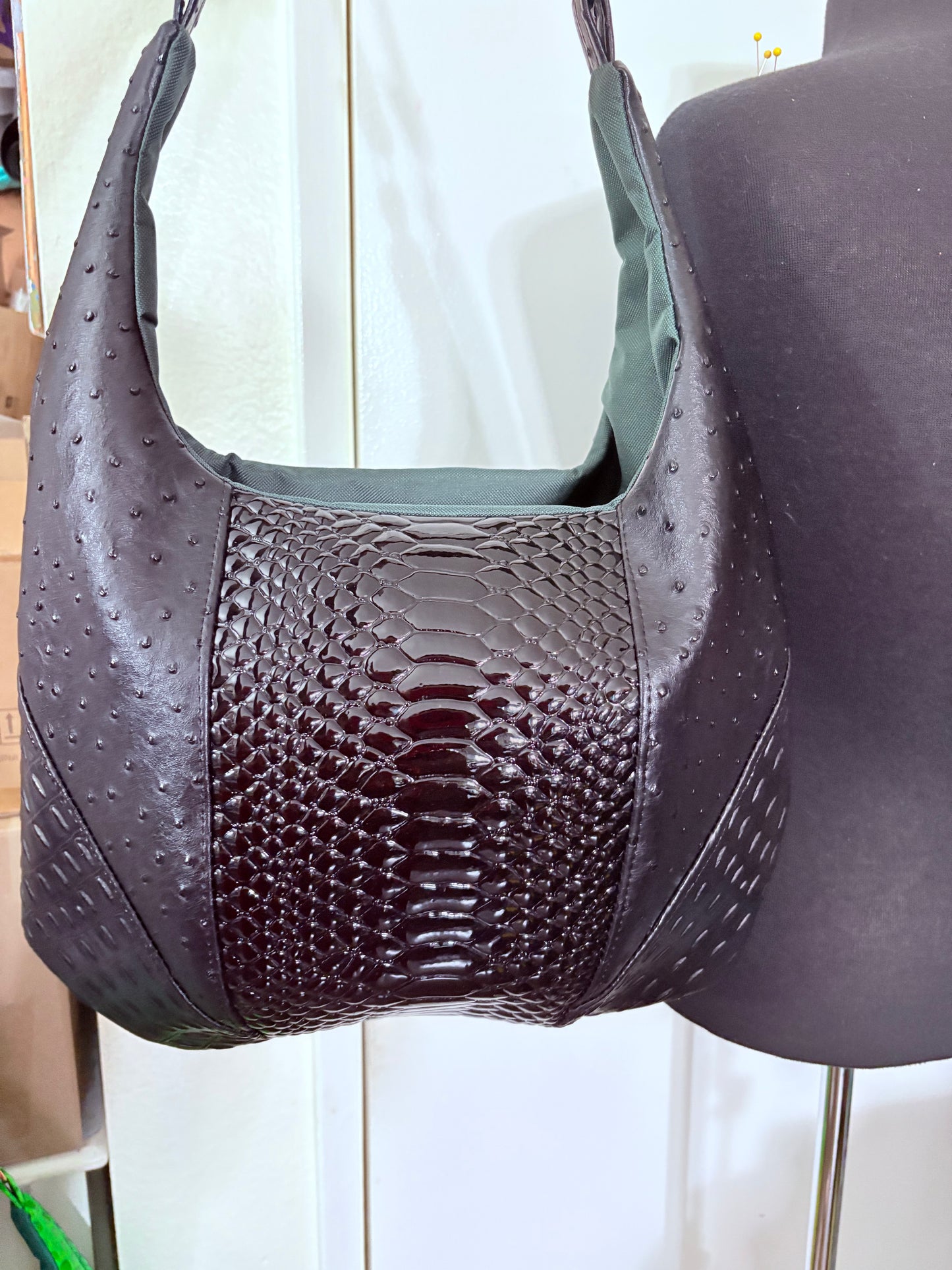 BLACK Ostrich python faux leather boho slouch tote