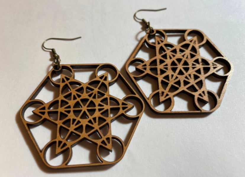 wood metatrons cube earrings