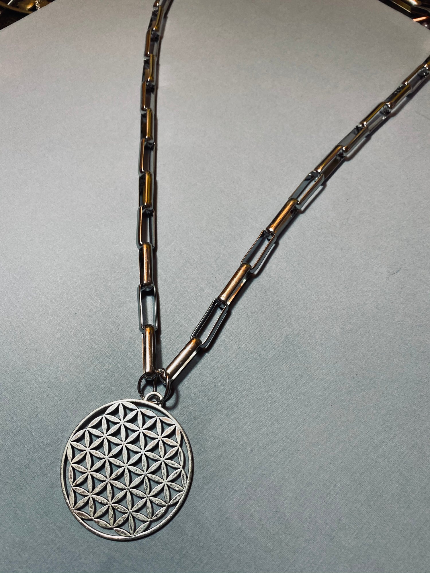 FLOWER OF LIFE ON BIKER CHAIN NECKLACE JEWELRY