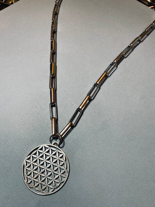 FLOWER OF LIFE ON BIKER CHAIN NECKLACE JEWELRY