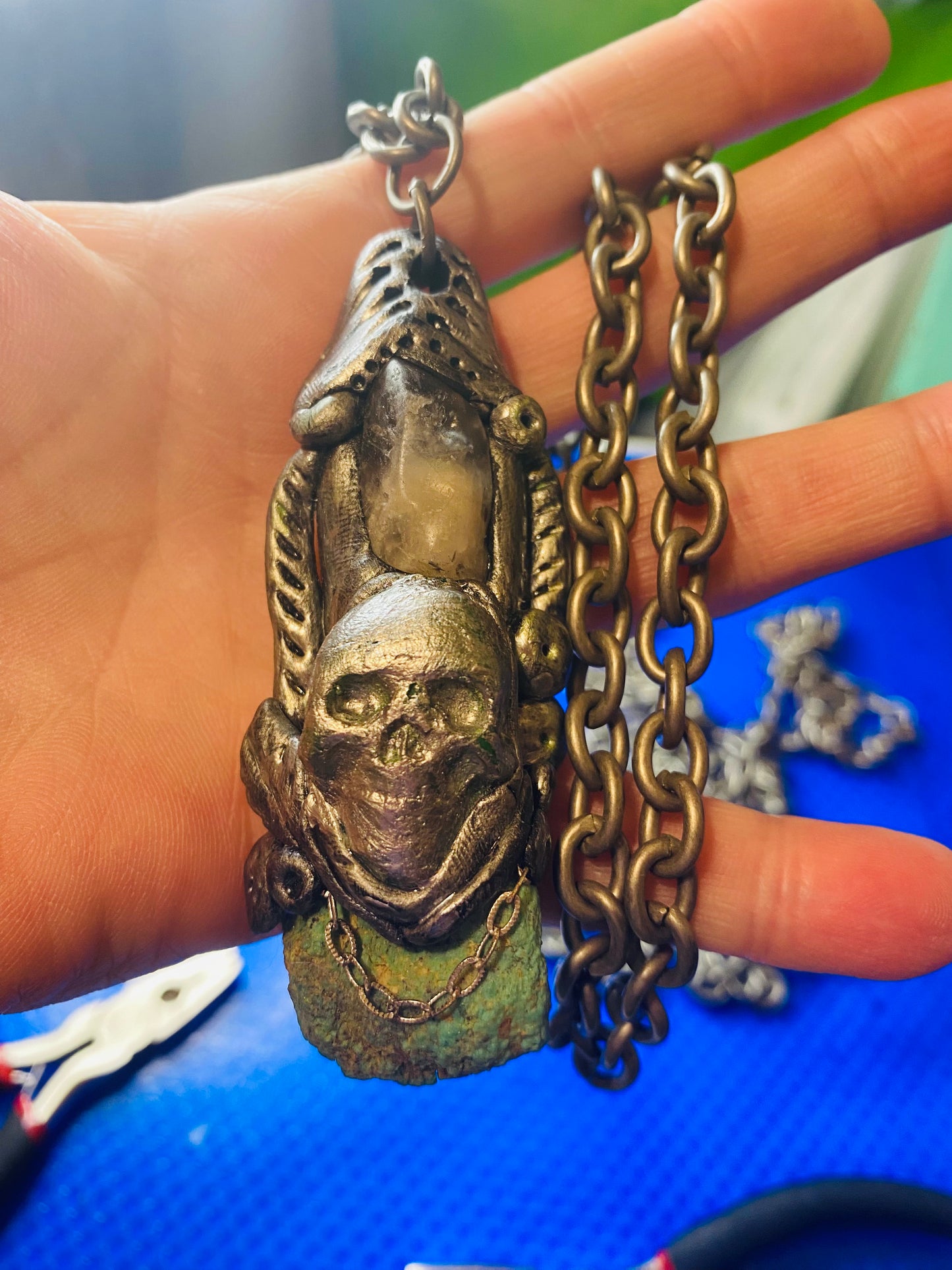 Clear quartz Pirate scull necklace