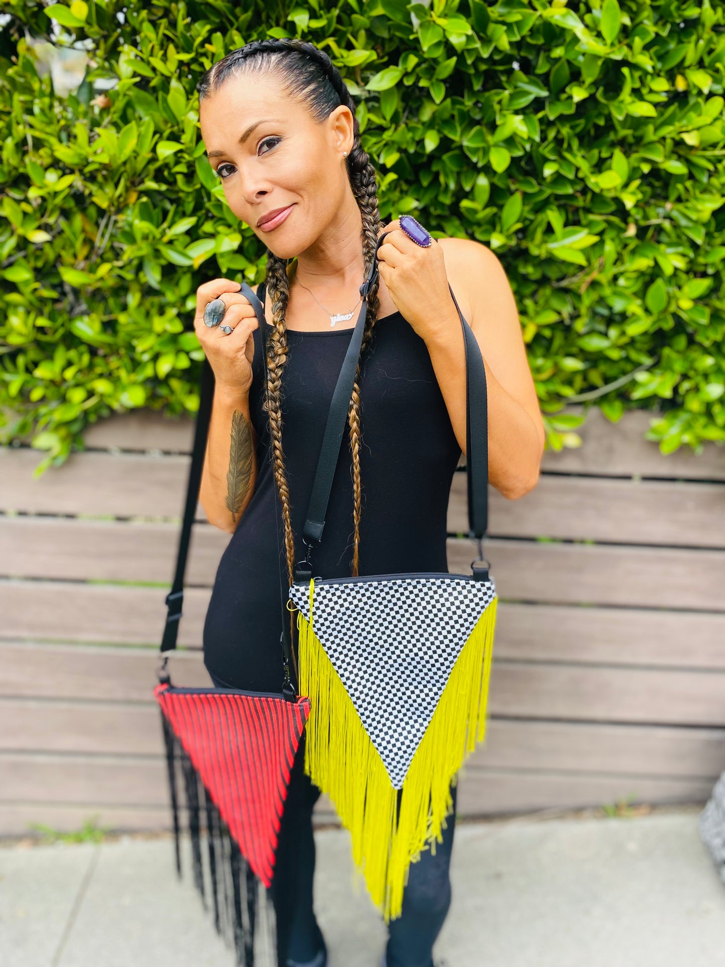 Triangle checkered fringe bag