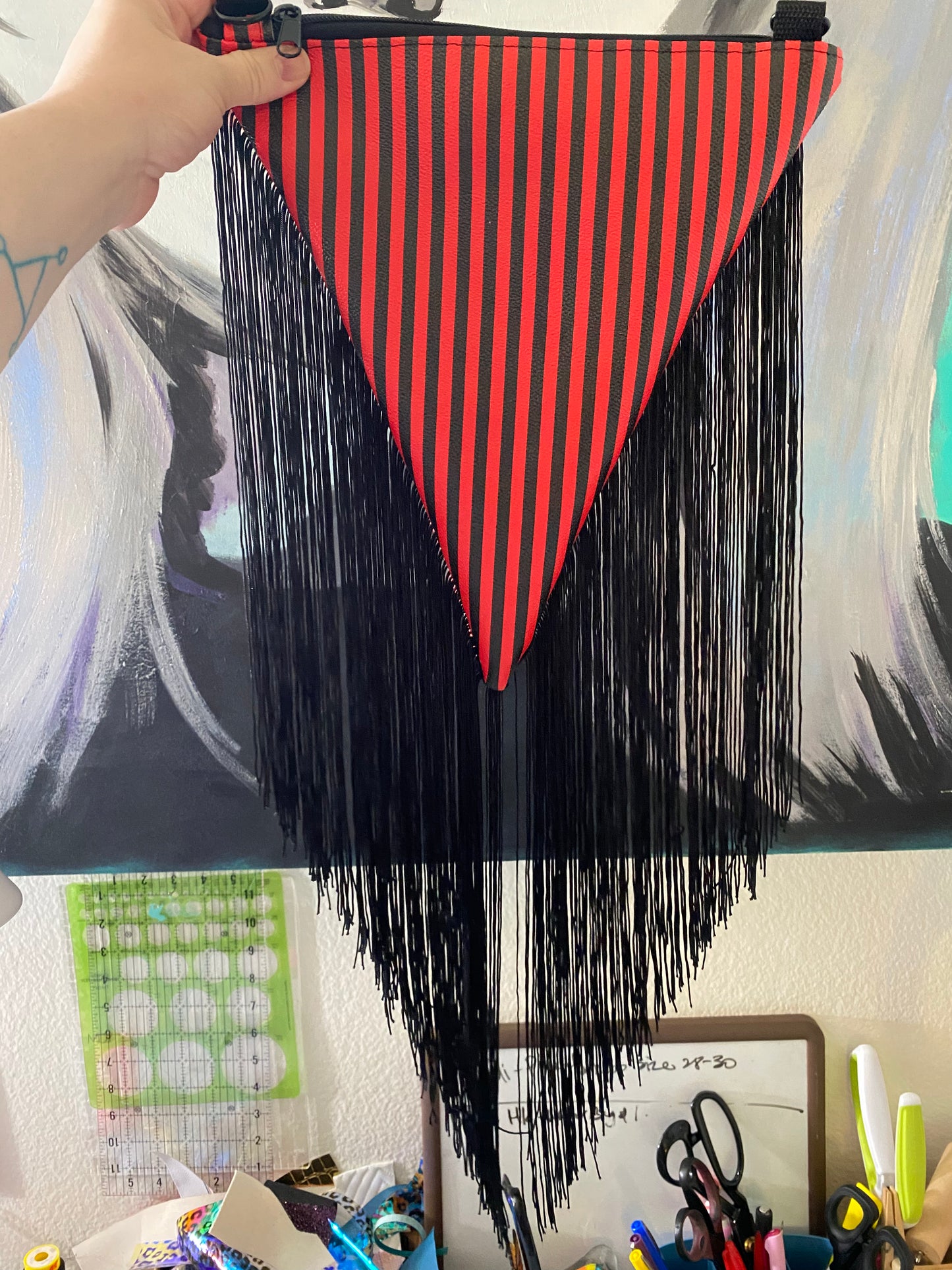Triangle checkered fringe bag