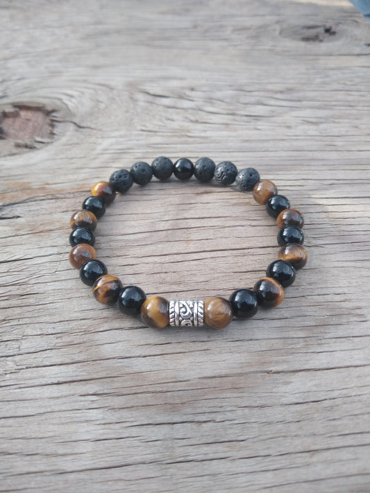 8 Inch 8MM Tiger Eye Onyx and Lava Rock Beaded Stretch Bracelet with Spacer Mens Style 1