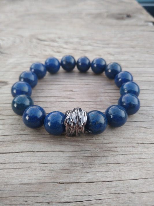 8 Inch 12MM Lapis Lazuli Beaded with Spacer Stretch Bracelet Mens