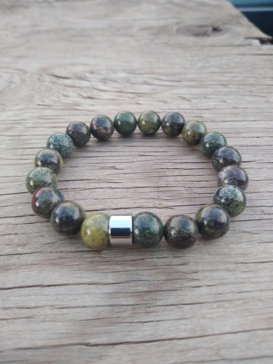 8 Inch 10MM Handmade Green Jasper Beaded Stretch Bracelet with Spacer Mens
