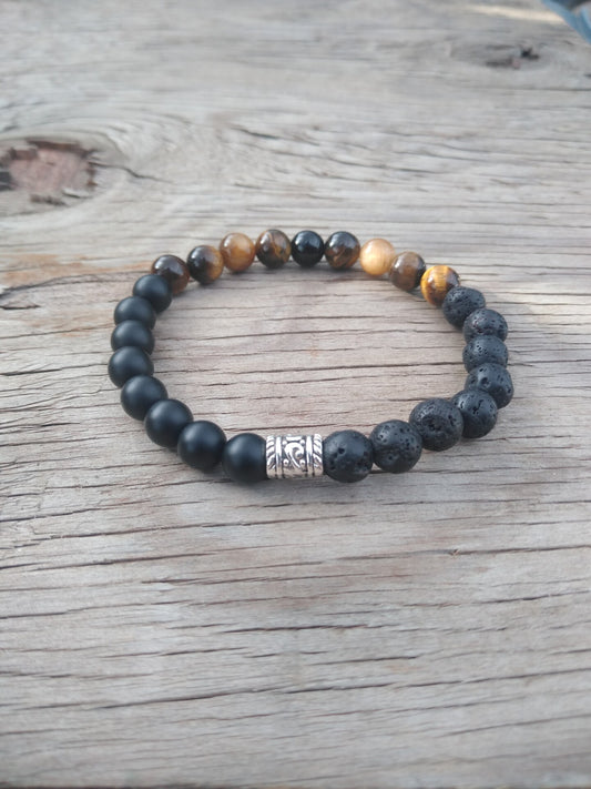 8 Inch 8MM 3-Part Tiger Eye Onyx and Lava Rock Beaded Stretch Bracelet with Spacer Mens
