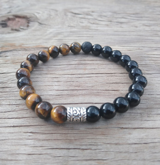 8 Inch 8MM Half Tiger Eye Onyx and Lava Rock Beaded Stretch Bracelet with Spacer Mens