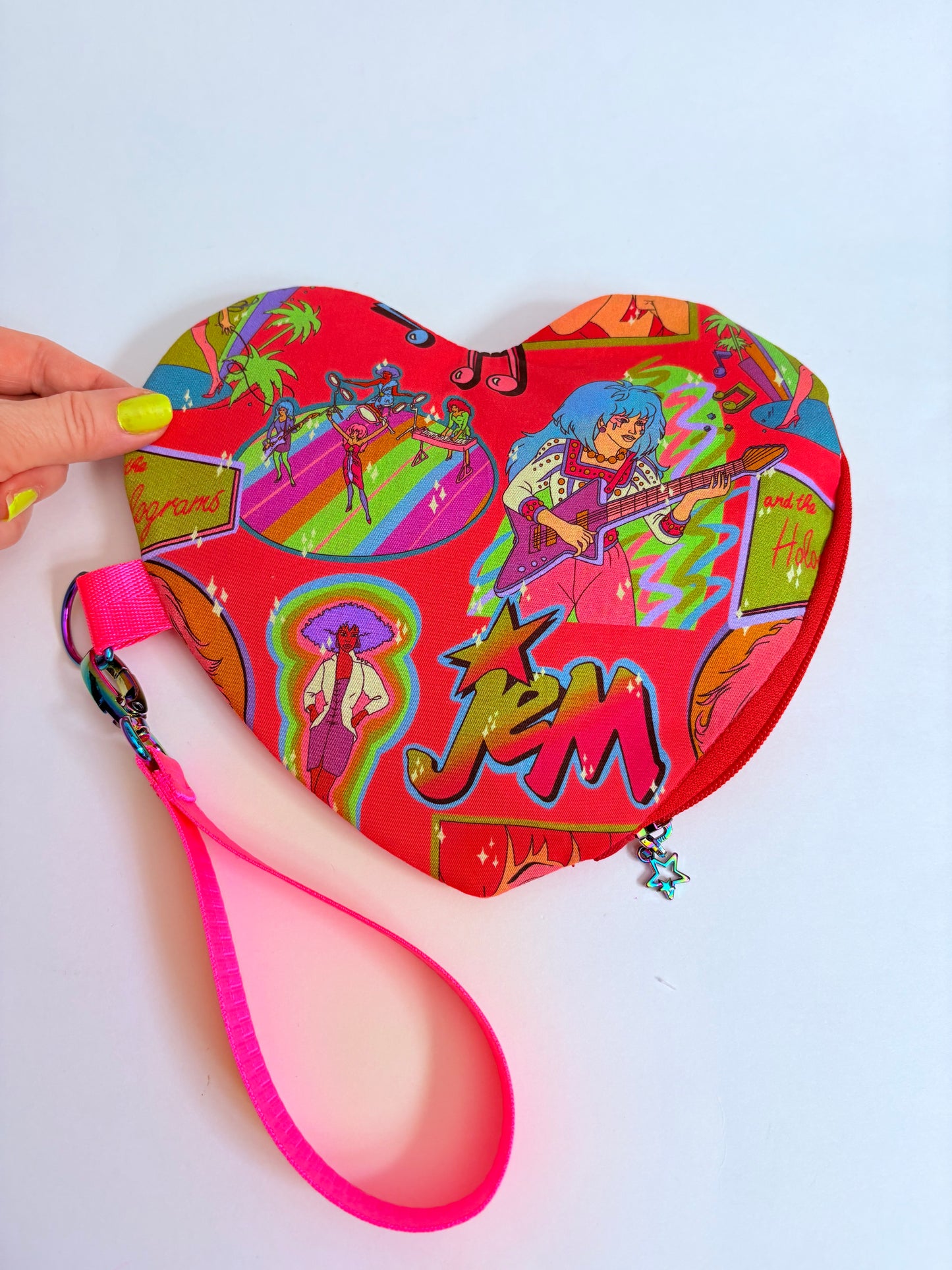 NEON PINK JEM HEART WRISTLET POUCH