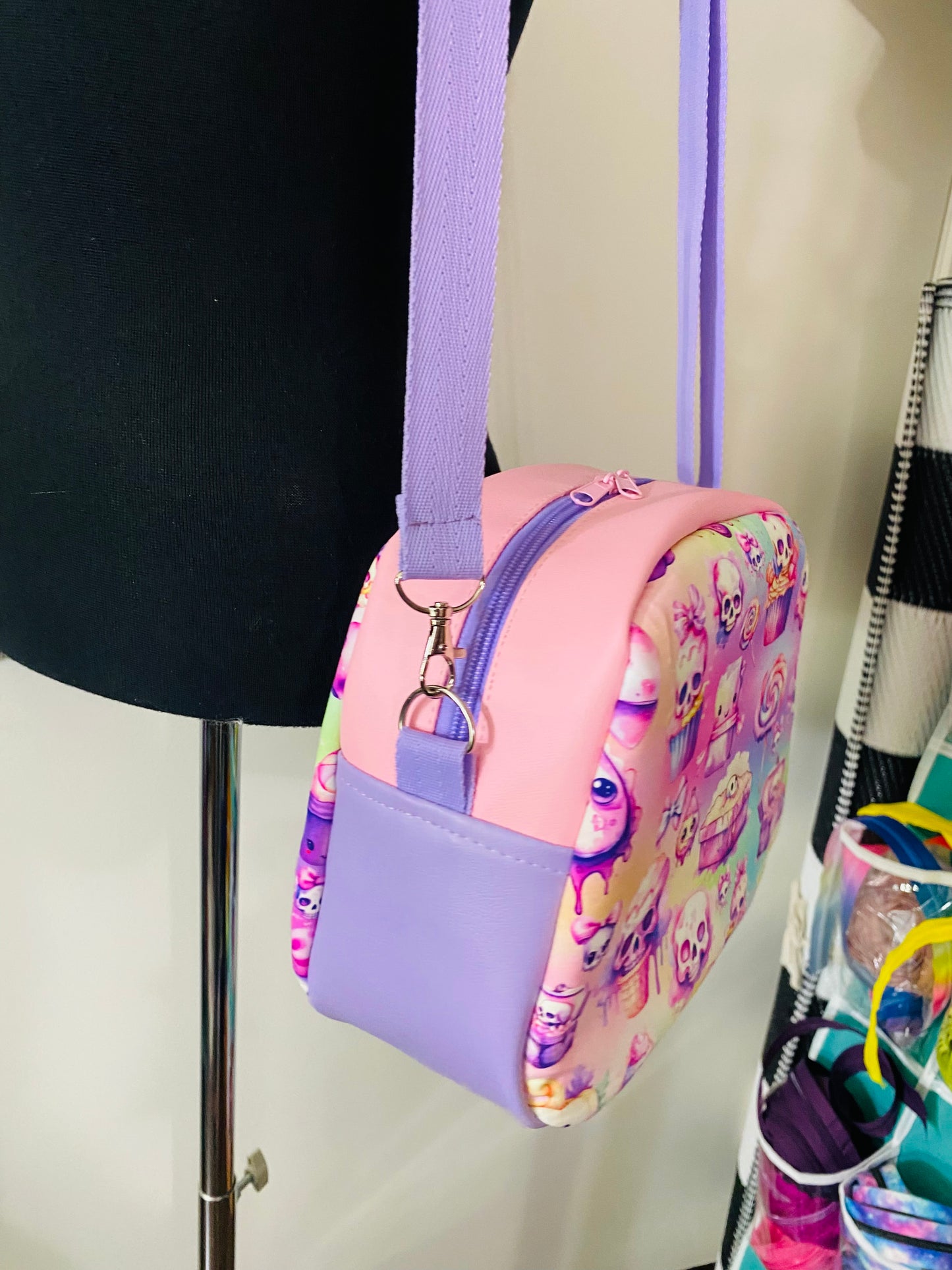 Cupcakes and skulls crossbody bowler