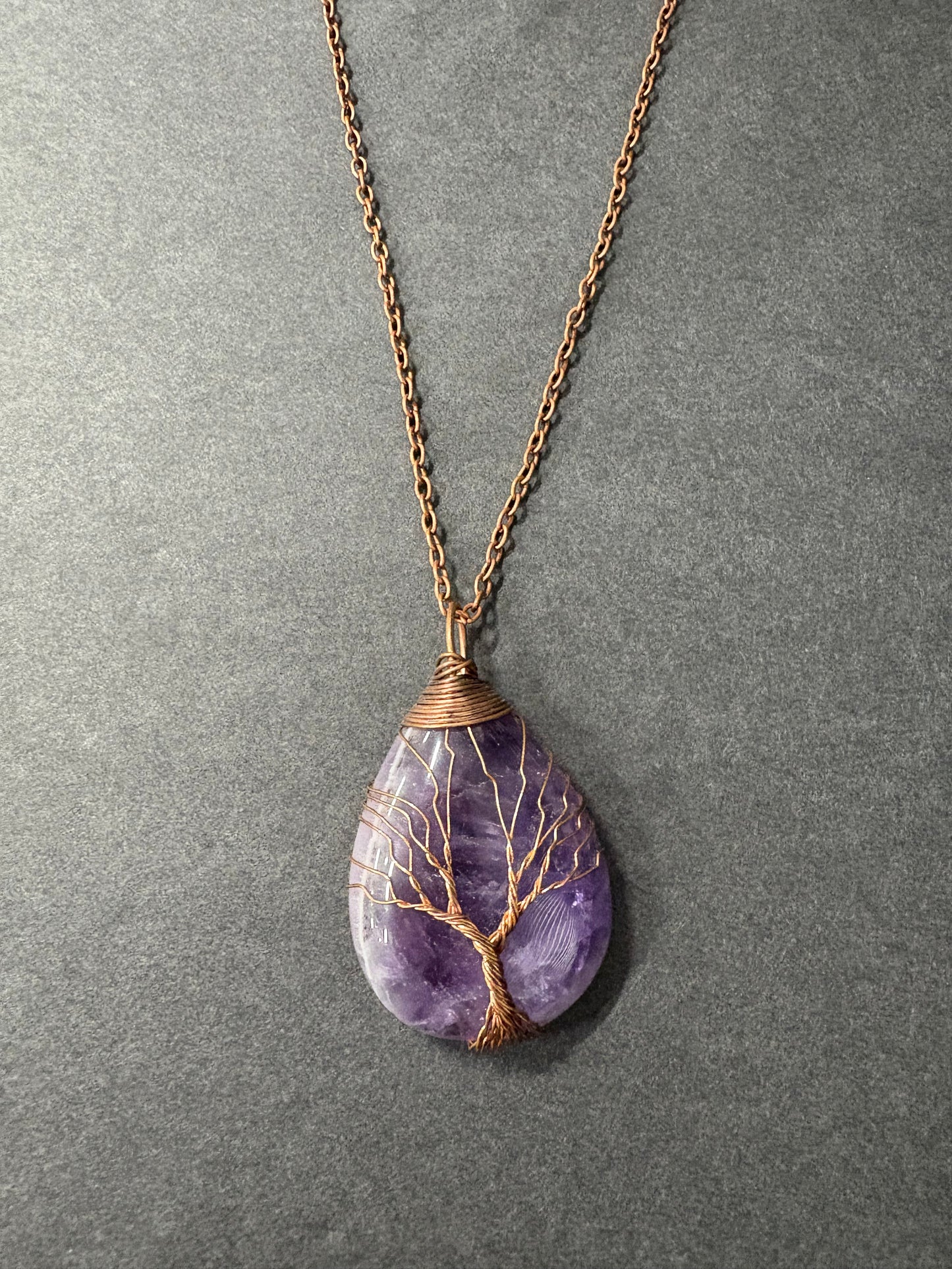 Amethyst tear drop wire wrapped pendant necklace