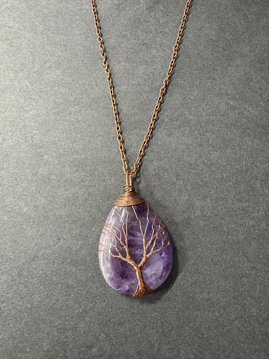 Amethyst tear drop wire wrapped pendant necklace