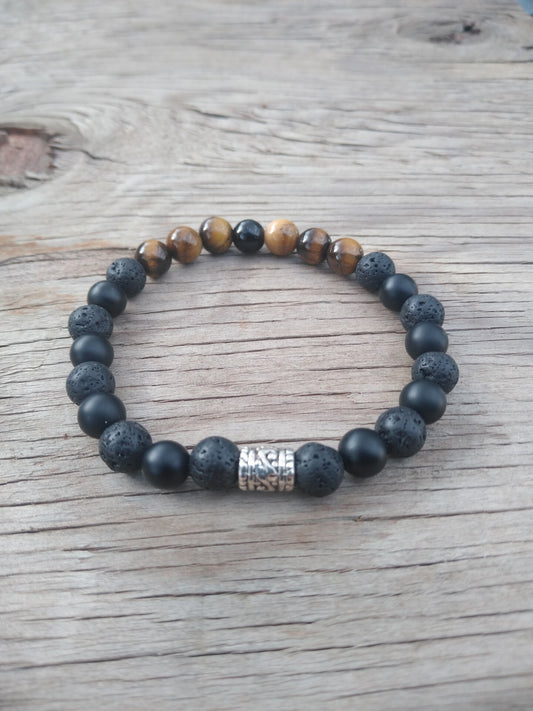 8 Inch 8MM Tiger Eye Onyx and Lava Rock Beaded Stretch Bracelet with Spacer Mens Style 2