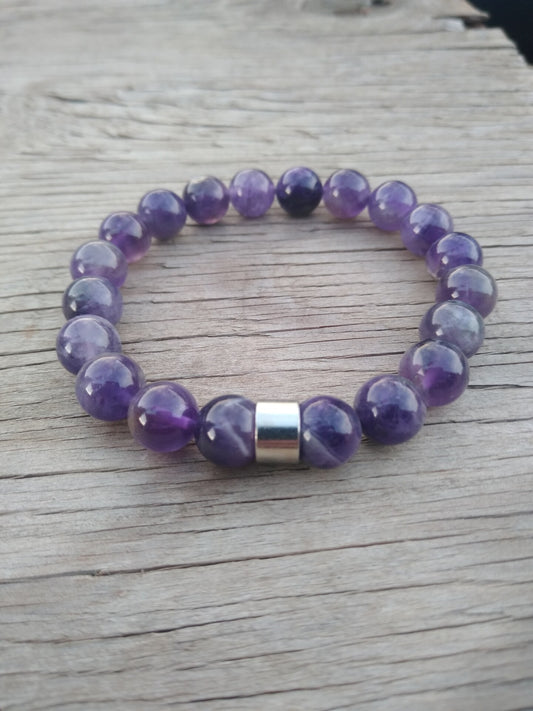 8 Inch 10MM Purple Amethyst Beaded Stretch Bracelet with Spacer Mens
